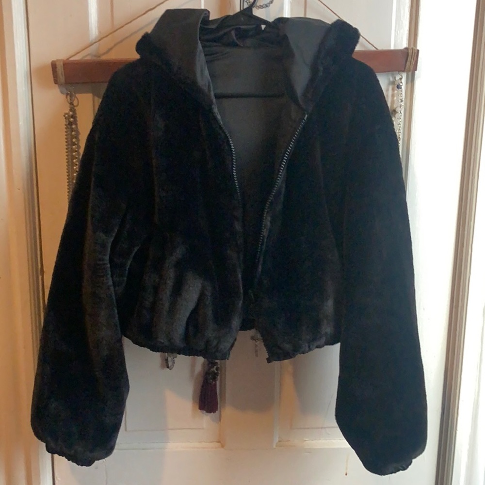 Reversible black fur crop jacket